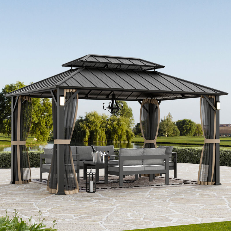Hamilton 10' x 14' Hard Top Gazebo With Solar Self Powered LED Lights, Mosquito Netting And Canopy Hook