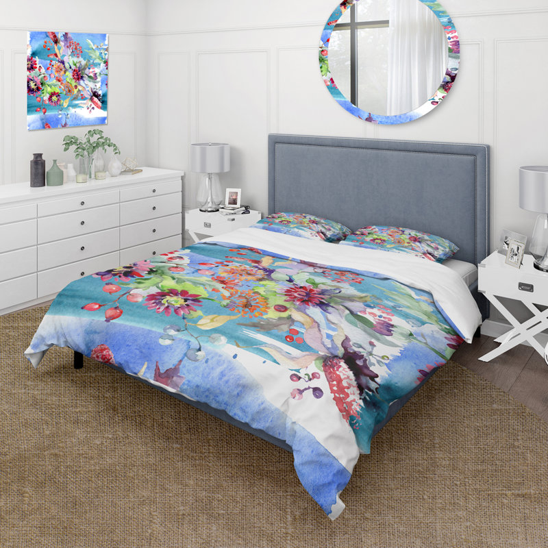 «Vibrant Wild Spring Leaves and Wildflowers» - Ensemble de housse de couette moderne - Polyester en microfibre