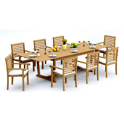 9 Pcs Grade-A Teak Wood Dining Set: 118" Double Extension Mas Rectangle Trestle Leg Table And 8 Hari Stacking Arm Chairs #11HR2508