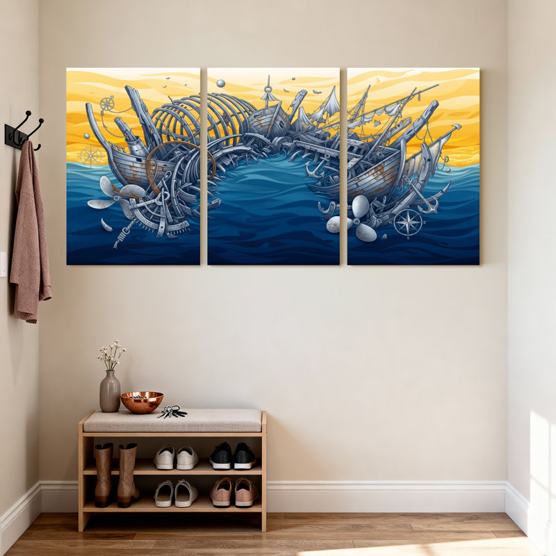 «Nautical & Beach Steampunk Ship Wreck Ocean», ensemble de 3 impressions sur toile, H 30 po x l 60 po
