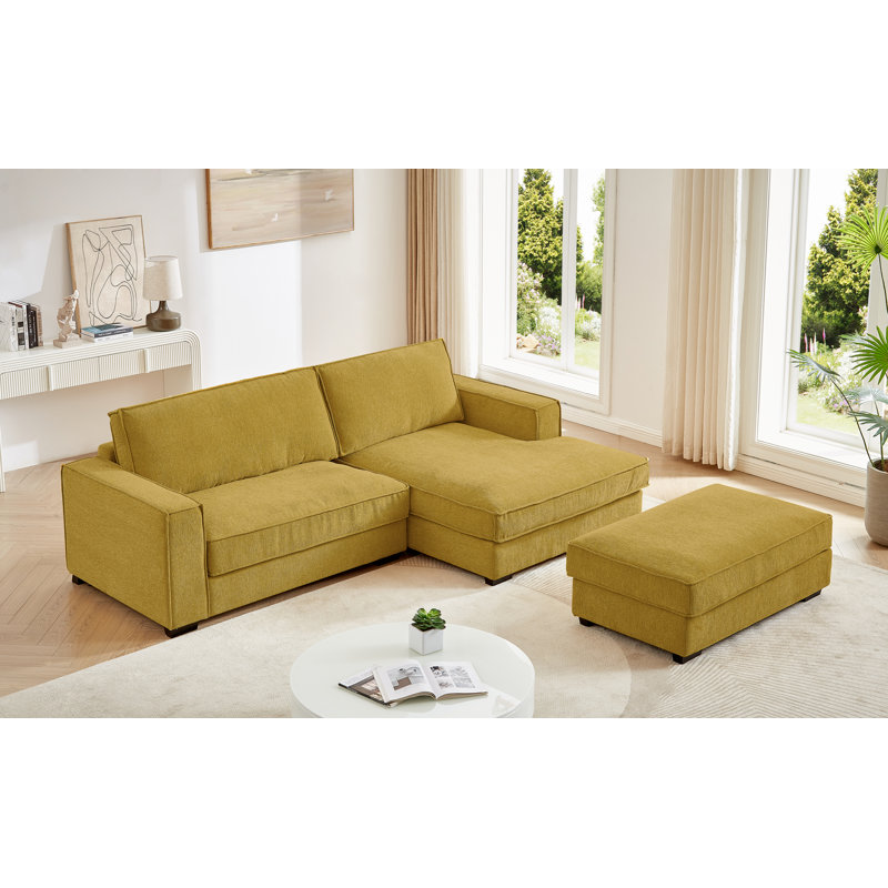 3 Piece Upholstered Sectional Sofa with Removable Ottoman, Yellow 100% Linen