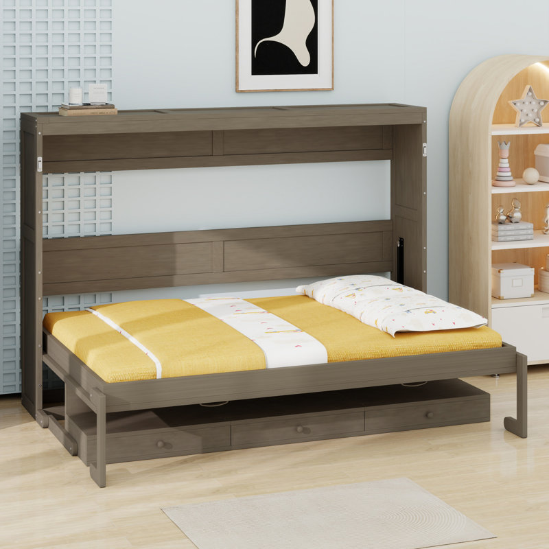 Lit escamotable mural avec rangement, armoire-lit pliable avec bureau, miroir central et tiroirs latéraux, Gris patiné