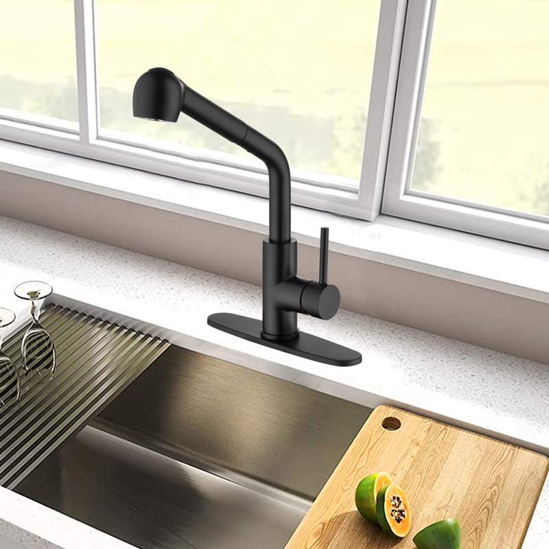 Robinet de cuisine rétractable à poignée simple avec accessoires, Noir mat