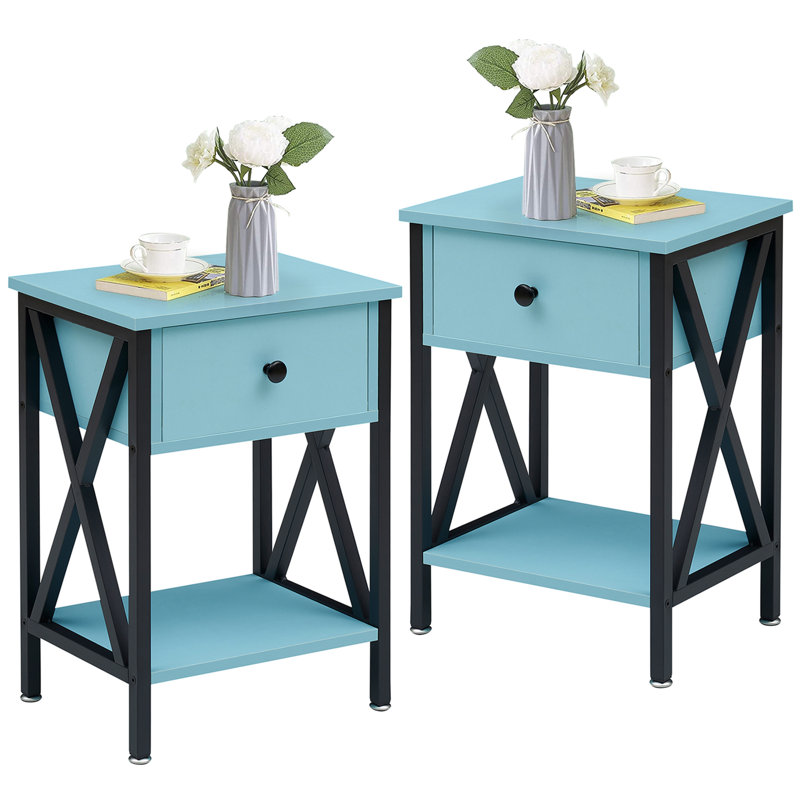 Table de chevet avec tiroir et tablette Alameen, Bleu clair