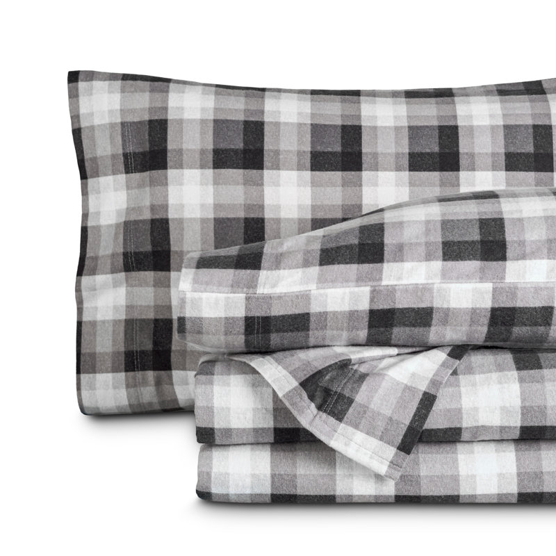 Ensemble de draps 100% flanelle de coton, Ensemble de draps pour lit simple avec 1 taie d'or, Tissu écossais gris Oliver