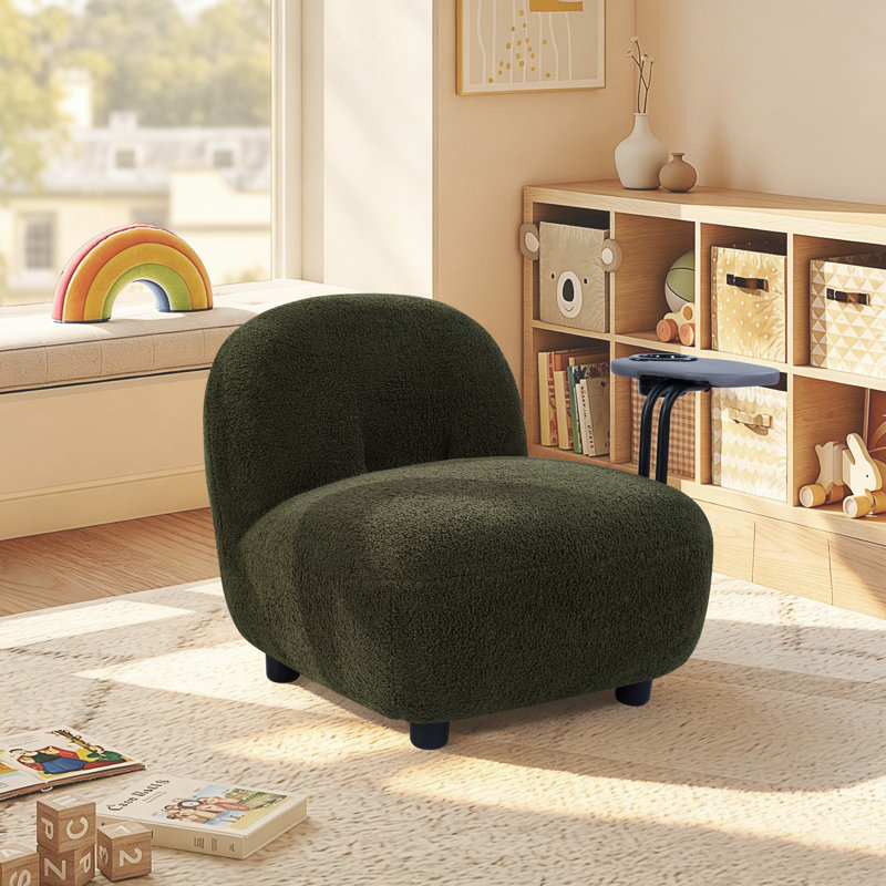 Chaise d'enfant moderne et confortable en bois massif de 56 cm de large avec tablette latérale intégrée, Green