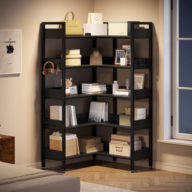 Bibliothèque d'angle convertible en L à 5 niveaux pour bureau à domicile et salon, hauteur 65,8 po, Noir