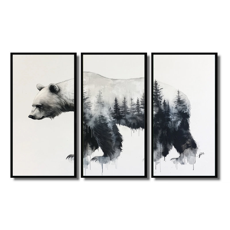 Furry Giant Bear Double Exposure - Bear Wall Art Set, 28" H x 36" W, Floater Framed Print, Frame Color