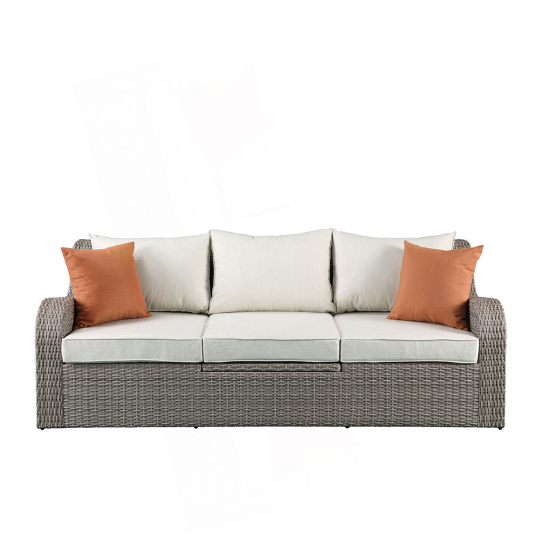 Salena Beige Fabric & Gray Wicker Patio Sofa W/2 Pillows & 2 Ottomans