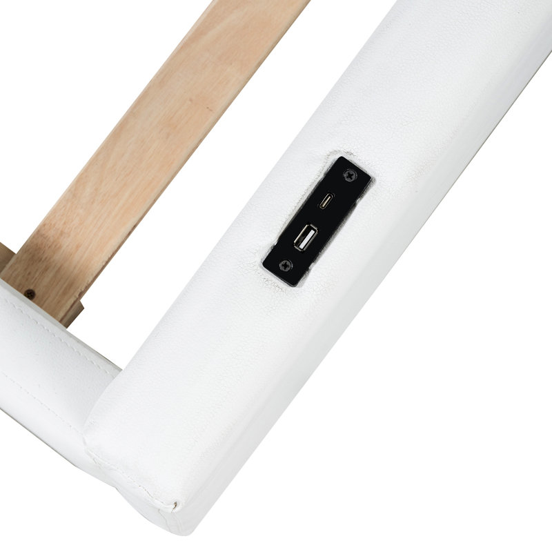 Lit simple tapissier avec garde-corps et station de charge moderne - taille double blanc