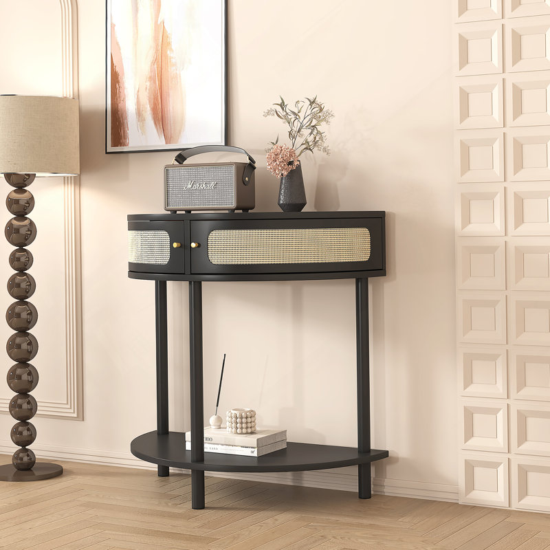 Unique Half Moon Design End Table with Sliding Door,Elegant Semi-circle Entryway