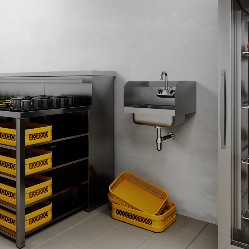 17 po X 15 po Lavabo à main mural en acier inoxydable avec éclaboussure latérale et robinet à col-de-cygne. NSF.
