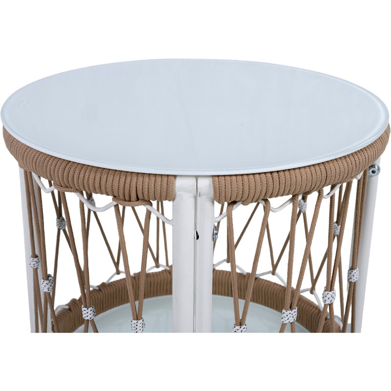 17.19" Outdoor Side Table With Bohemian Magnetism, Woven Rope Tabletop And Powder-Coated Frame For Poolside Delight In Aura Rust- Smooth Glass Easy Cleaning