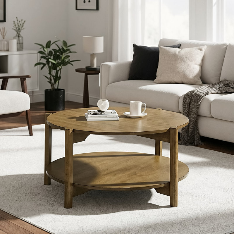 Timber Mid-Century Solid Wood Round Coffee Table With Shelf