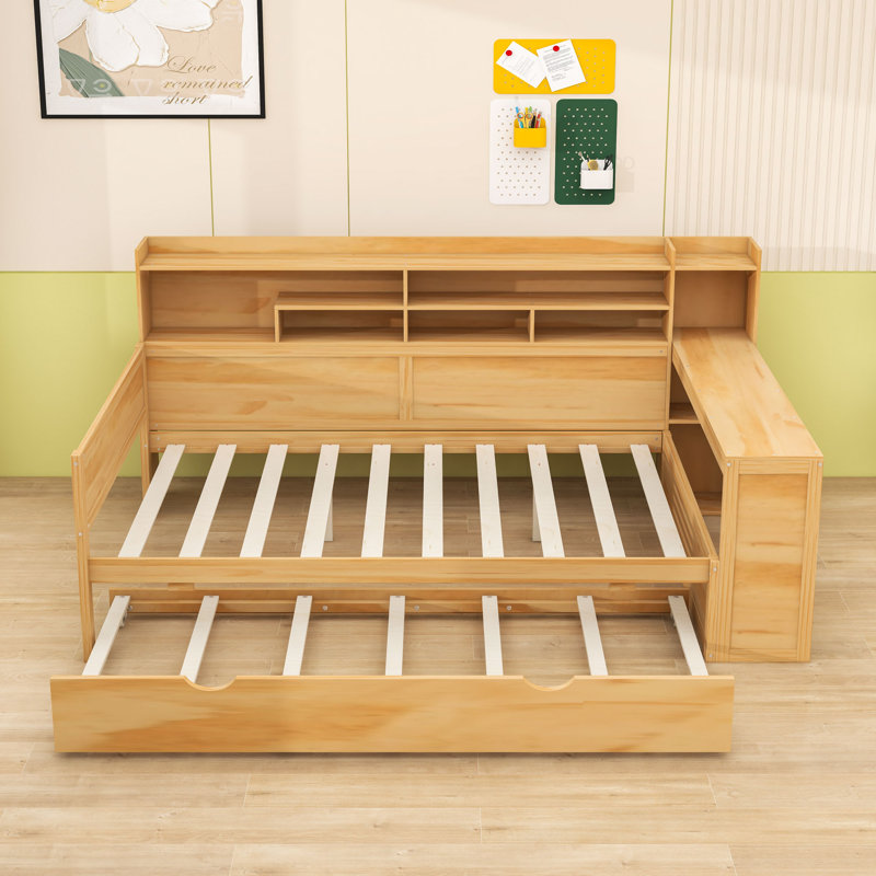 Wooden Daybed with Twin Trundle, Storage Shelves, Full / Double, Natural