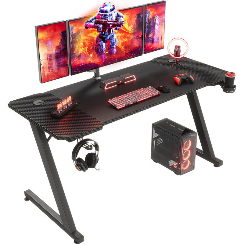 Ergonomic Black Gaming Desk PC Computer Desk Home Office With Headphone Hook, 75cm H x 140cm W x 60cm D, Black