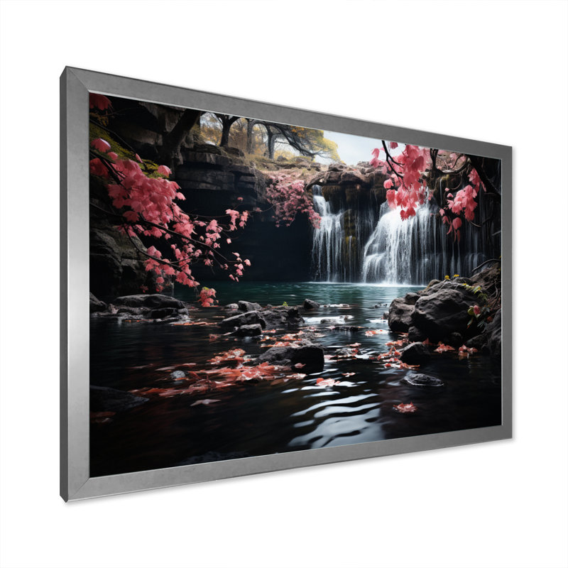 «Peach Tree Waterfall Natures Elegance II», reproduction sur toile, H 24 po x l 32 po x P 1 po, Cadre simple argenté
