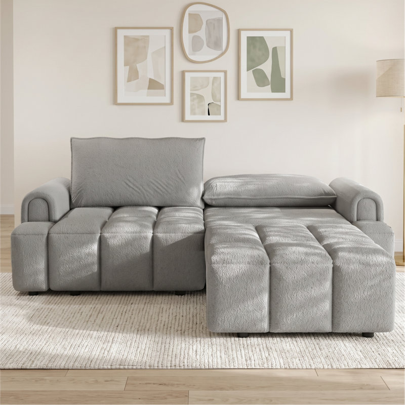 90.2" Teddy Upholstered Sleeper Sofa Bed King-Size Pull-Out Sofa Convertible Couch Bed With Underseat Storage, Light Gray