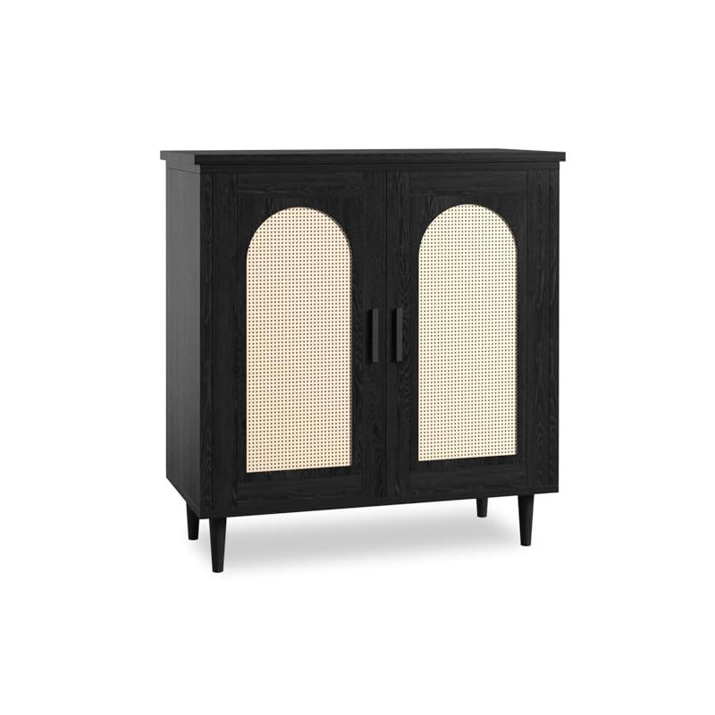 Rattan Buffet Cabinet with Storage, Sideboard Cabinet with 2 Doors and Adjustable Shelves, Black