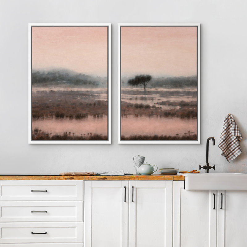 «Misty Wetland Landscape with Lone Tree», reproduction d'art sur toile encadrée pour chambre principale, 2 pièces, Blanc
