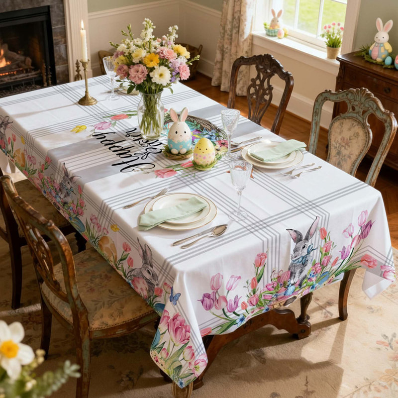Easter Rectangle Tablecloth, Bunny Eggs Truck Print, 60 X 84 Inch, Reusable Table Cover For Party Home Dining Decor