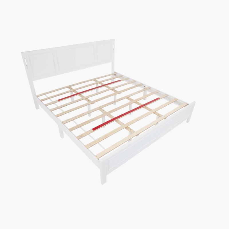 White Wakeley Size Bed With Tall Panel Headboard & Footboard, LED Lights & USB Charging Station, Durable Pine Wood Frame
