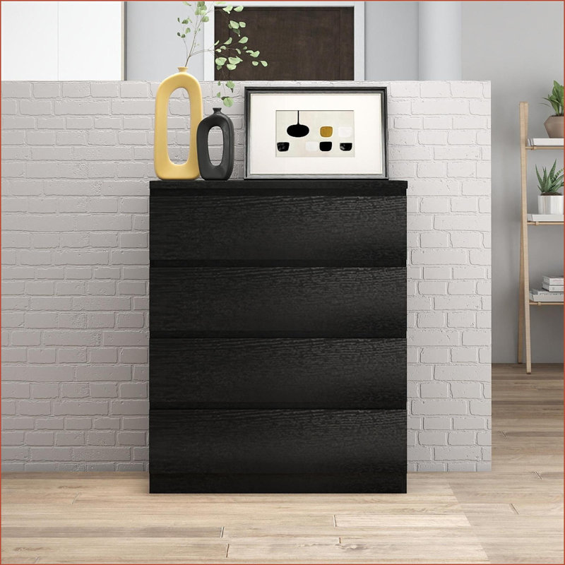Dresser 4-Drawer Modern Storage Chest, 31.5in Black Handle-Free Closet Organizer | Black | Particle Board