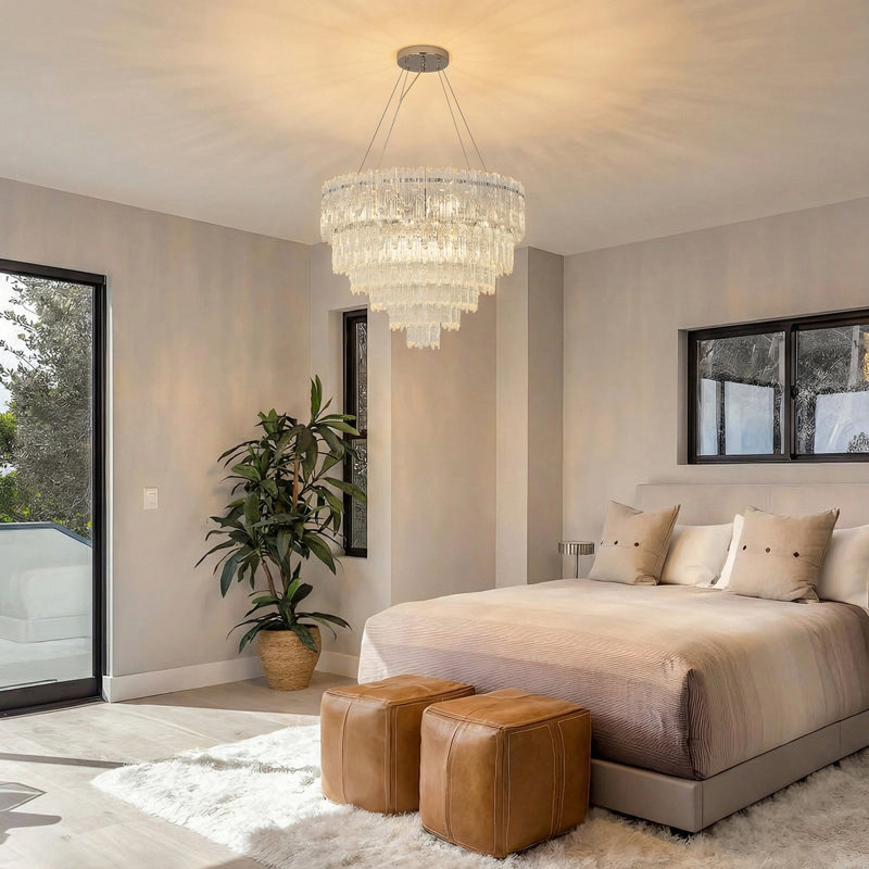 Crystal & Glass Pendant, Height-Adjustable, Sloped-Ceiling Ready, 43cm H × 58cm W × 58cm D, 8 Lights, 5 Tiers