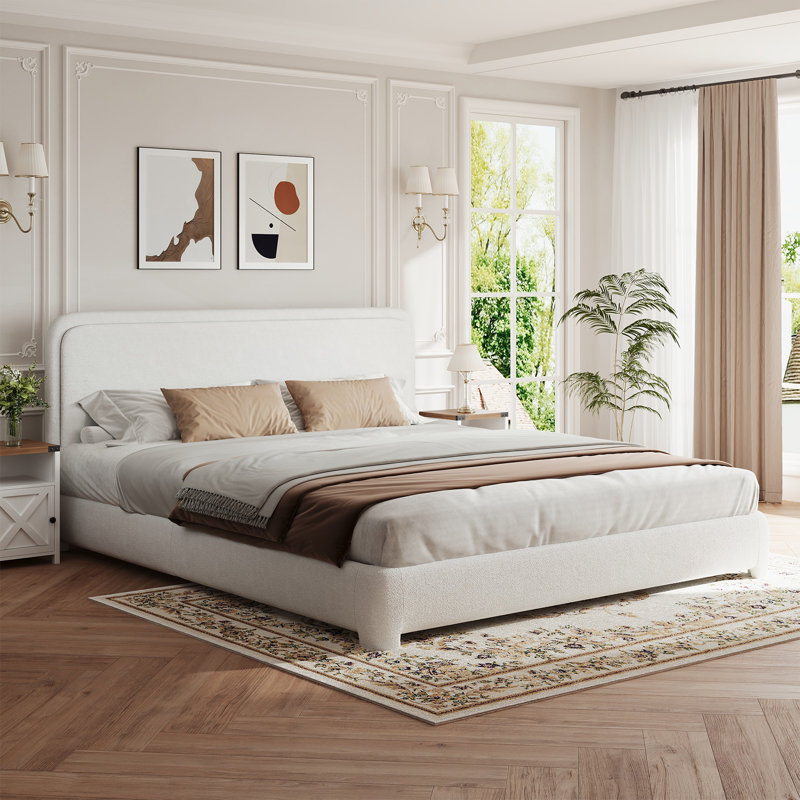 Bensu Boucle Upholstered Platform Bed，3-Piece Bedroom Sets, White, King