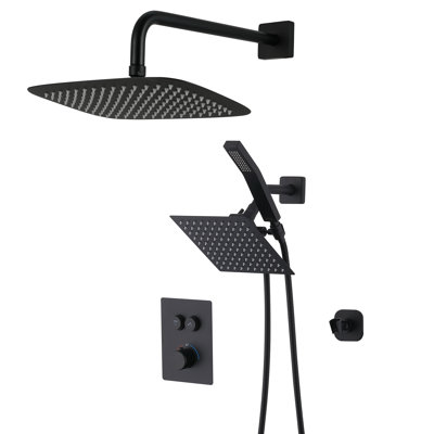Wall Mount Thermostatic Shower Faucet Set, 16"+ 8"rainfall Shower System, Push Button Diverter For Easy Control