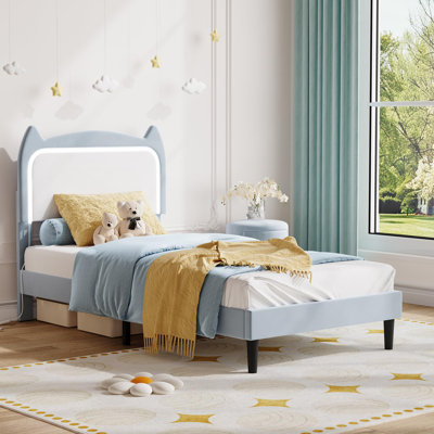 Kids Twin Bed Frames with Cat Headboard, Upholstered Princess Platform Bed Frame with Sturdy Wood Slats Support, No Box Spring Needed, Easy Assembly,  Blue & White