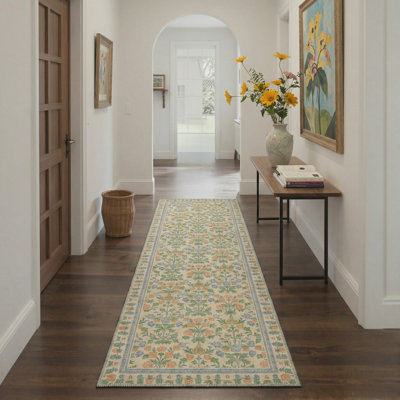 Aura Vine Floral Machine Washable Ivory Indoor Area Rug With Non-Slip Backing