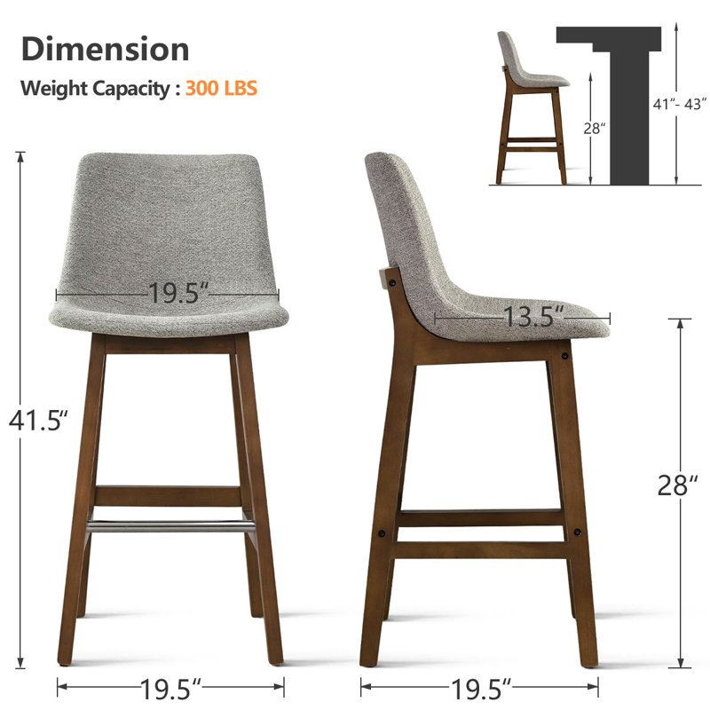 Arseniy 28" Upholstered Low Back Solid Wood Kitchen Dining Bar Stool, Gray