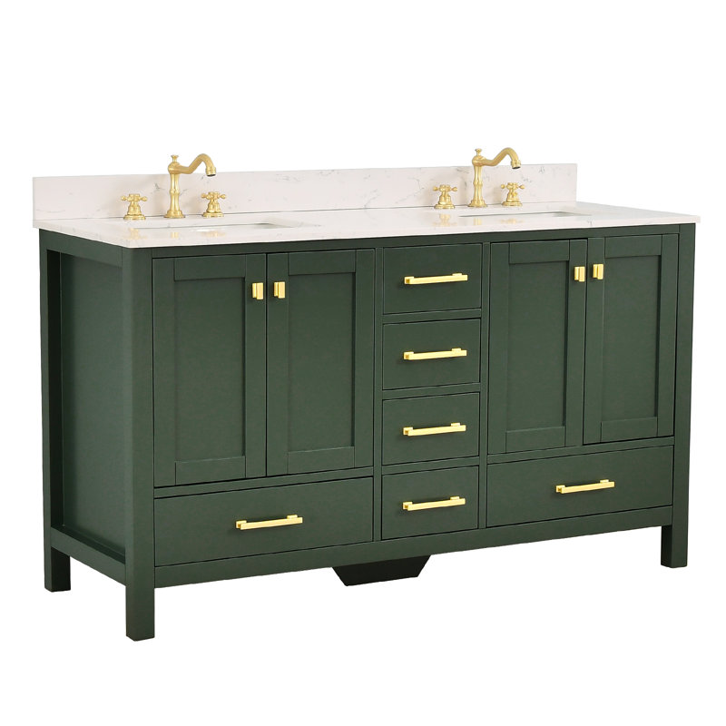 60'' Double Bathroom Vanity with Engineered Stone Top, Green, Brushed Gold