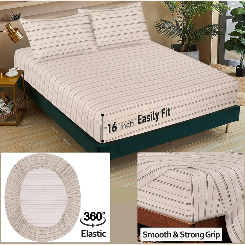 100% Cotton Sheets Sets Soft Crispy Percale Cooling Sheets 16 Inch Deep Pocket Bed Sheets, Brown Stripes