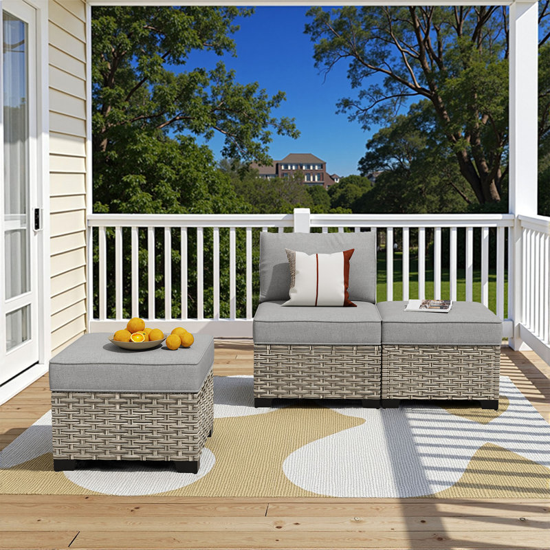 3-Piece Armless Outdoor Pe Wicker Patio Chair Set With 2 Multifunctional Ottomans And Cushions, Dark Grey