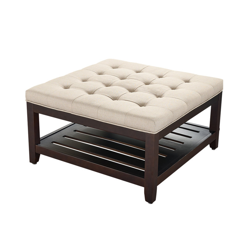 33.5" Wide Tufted Square Cocktail Ottoman With Free Tray, Light Brown Linen
