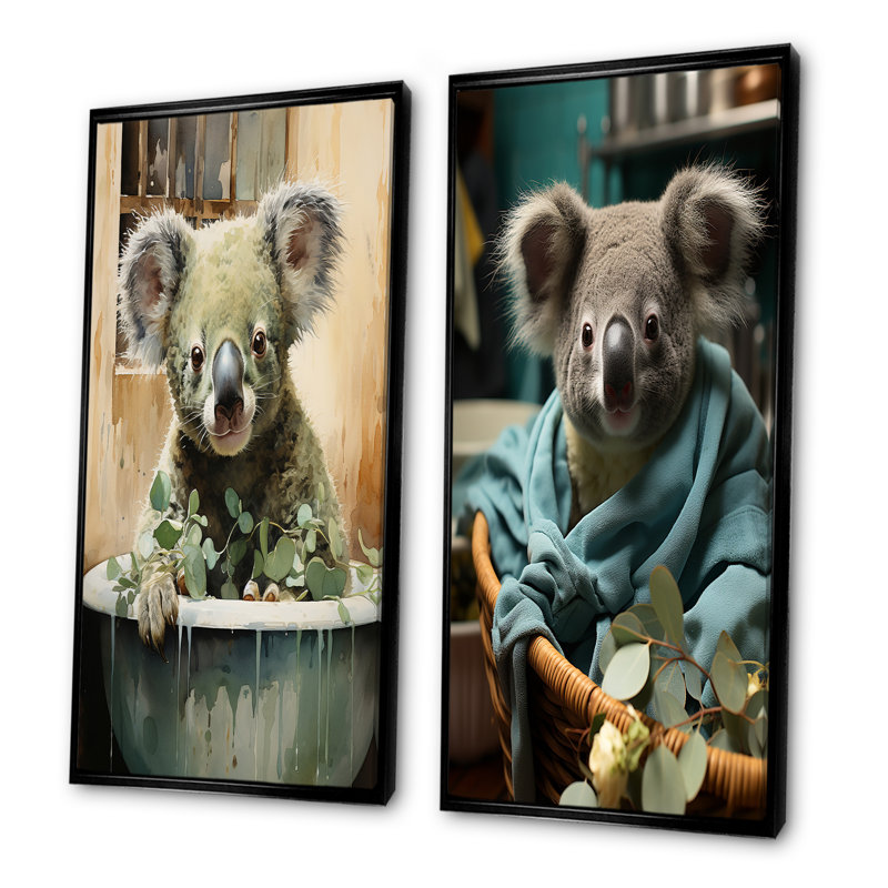 Ensemble de 2 décorations murales Koalas Laundry Time - Koala, Cadre noir, H 32 po x l 33 po