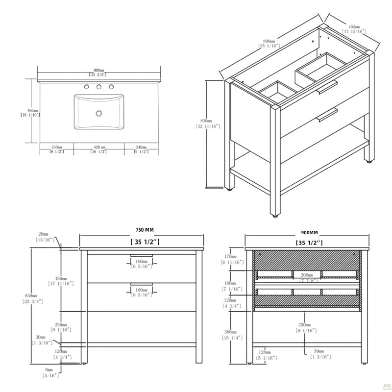 Meuble-lavabo autoportant 36 po avec lavabo 36 po, tiroir à fermeture en douceur, comptoir et dosseret en marbre de culture blanc de 2 po Carrara, contreplaqué, chêne