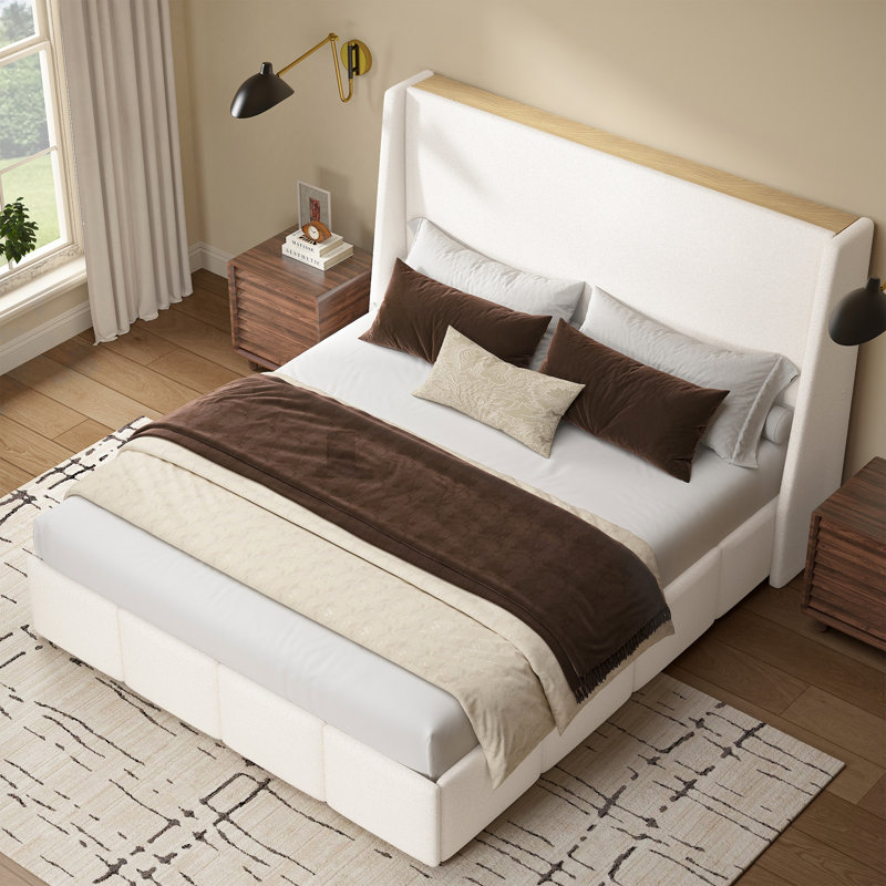 High Headboard Platform Bed Frame Made Of Sherpa, White, King