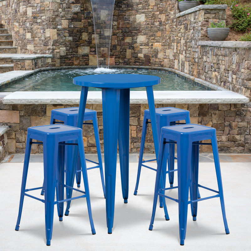 Colbert 30'' Round Metal Indoor-Outdoor Bar Table Set with 4 Square Seat Backless Stools, Blue, 41" H x 24" W x 24" L