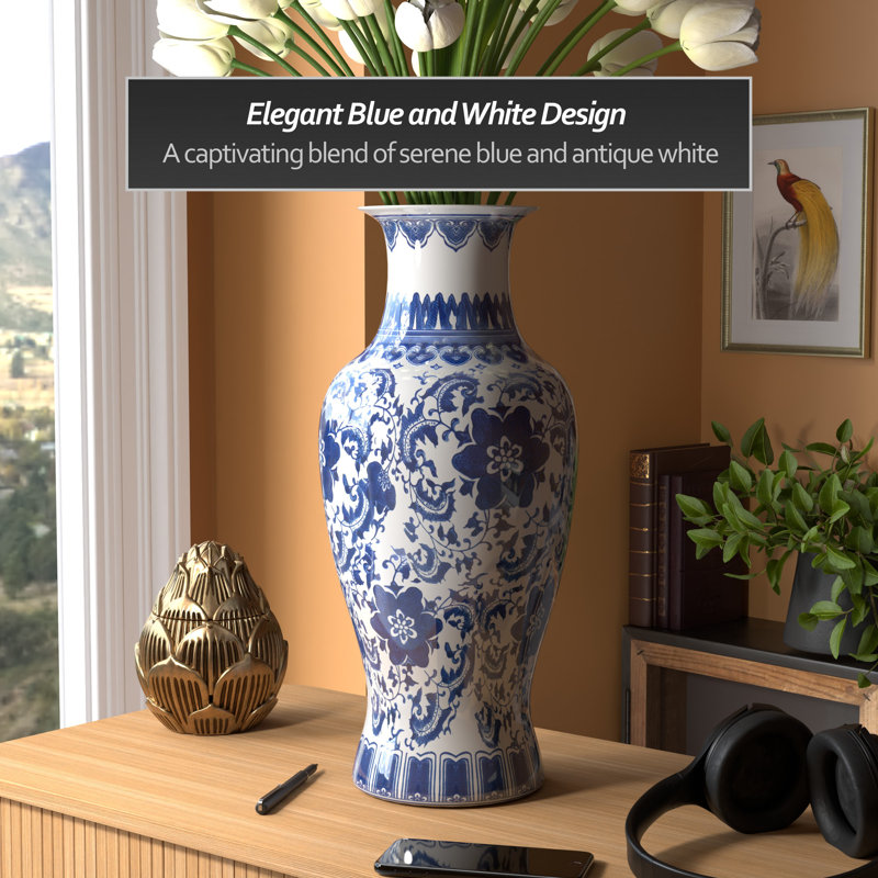 24" Blue And White Floral Porcelain Fishtail Vase, Blue, 18" H x 8.25" W x 8.25" D