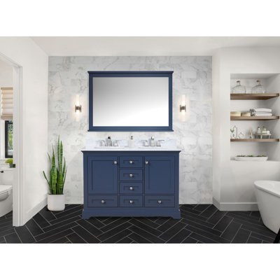 Navy Blue Double Bath Vanity 48 In. Wide, Marble Top, 46 Mirror, Soft - Close Drawer System, And Sufficient Storage Areas W With A Luxurious Functionality, Ample Facilities