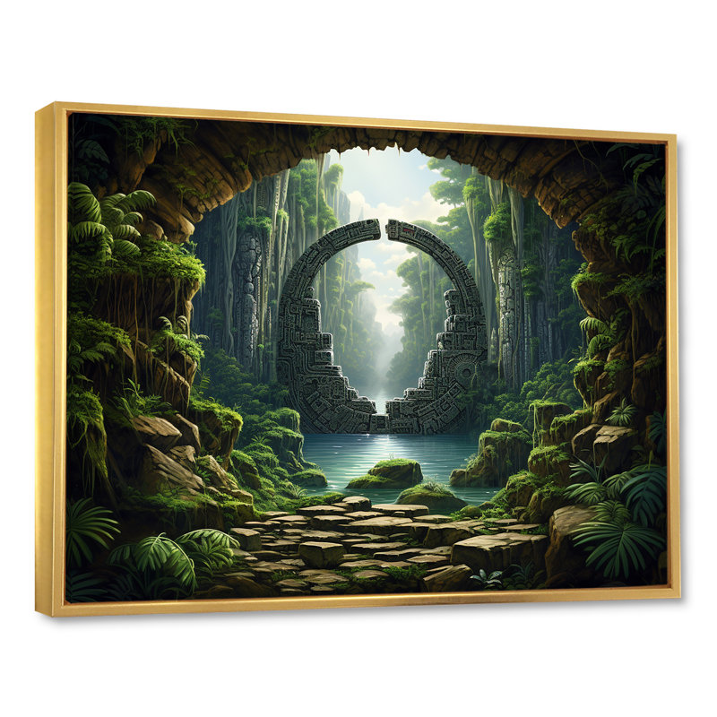 «Green Jungle Tribal» - art mural surréalisme, Cadre flottant doré, H 30 po x l 40 po x P 1,5 po