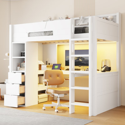 Lit mezzanine simple en bois avec bureau en forme de U, lumières DEL RVB intelligentes et ports USB, canapé-lit multifonctionnel à 3 tiroirs et tablettes de rangement pour adolescents, blanc
