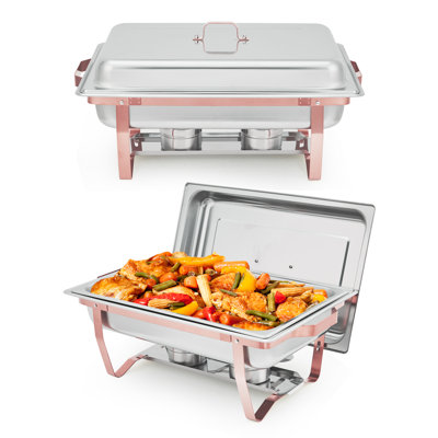 2PCS 8QT Rectangular Stainless Steel Chafing Dish Set Rose Gold Finish Buffet Food Warmer with Lid Collapsible Frame for Party Wedding Commercial Catering Supplies
