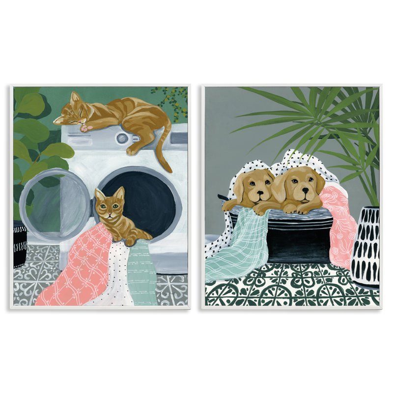  Cats & Dogs Laundry Room, H 14 po x l 11 po, Estampe numérique encadrée blanc bord de mer