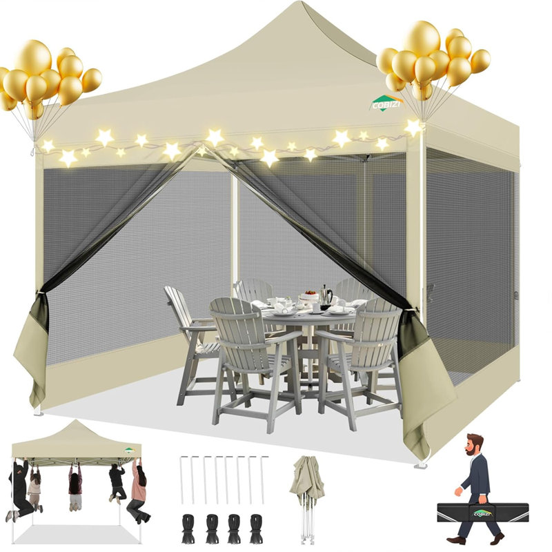 118'' W x 118'' D  Heavy Duty Pop Up Canopy Tent with 4 Sidewalls, Commercial Gazebo Party Tent, Khaki