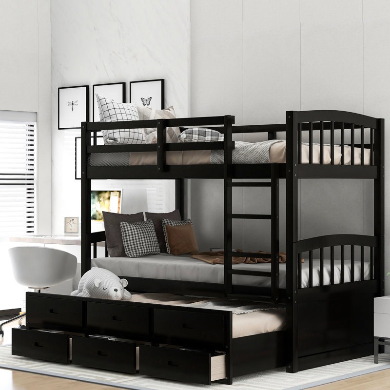 Lit simple superposé avec lit gigogne et 3 rangements - Tête de lit pratique et sécuritaire, Espresso