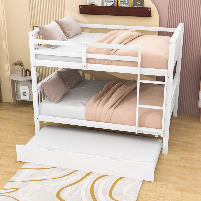 Full Over Full Wooden Bunk Bed With Twin Trundle And Convertible Design, White